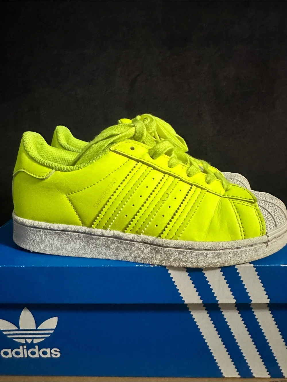 adidas Kids Superstar C Neon Lime Green Lace-Up Sneakers